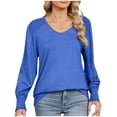 thumbnail image 2 of asjyhkr Womens Blouses V Neck Long Cuffed Sleeve Pullover Fashion Casual Loose Breathable Hiking Gym Workout Solid Color Tops, 2 of 8