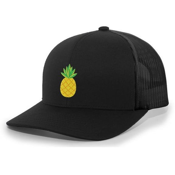 Mens Pineapple Embroidered Mesh Back Trucker Hat Cap-Black/Black