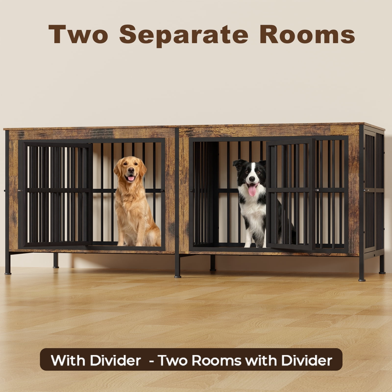 Ironovahome 88" Dog Crate Furniture for 2 Large Dogs with Sturdy Removable Divider and Double Doors, XXL Extra Large Indoor Dog Kennel, Thick Heavy Duty Wooden Dog Cage, Brown