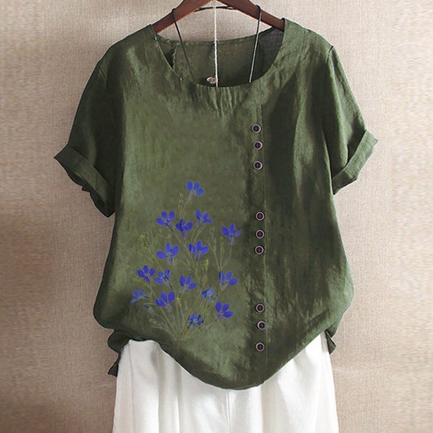 ICHUANYI Clearance Women's Summer Casual Round Neck Short Sleeve Printing Loose Shirt Tops(Army Green, XXL) ICHUANYI WER2023081007719