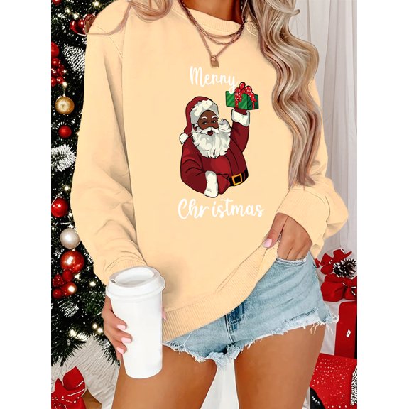 Women's Plus Size Christmas Santa Claus Graphic Sweatshirt - Casual Long Sleeve Crew Neck, Machine Washable Polyester for Fall & Winter
