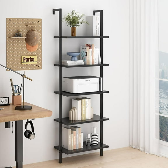 Ladder Shelf 5 Tier Wall Mounted Bookcase with Metal Frame, Open Design Shelves for Living Room, Bedroom, Home, Dark Walnut (23.62" L x 11.81" W x 70.87" H)