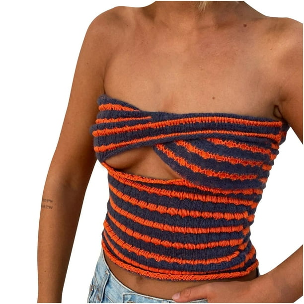 Chaleco de punto a rayas para mujer, Sexy, sin mangas, con espalda bonita, Tops de tubo calados Fridja qr1052