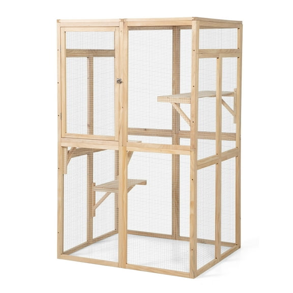 DUOSONG Wooden Cat Catio, Outdoor Cat Enclosure, Cat House With Platforms, Sunshine Board, Hammock, Door, Kitten Cage Condo, Burlywood Burly Wood Wood Metal Pet Supplies Pens & Hutches