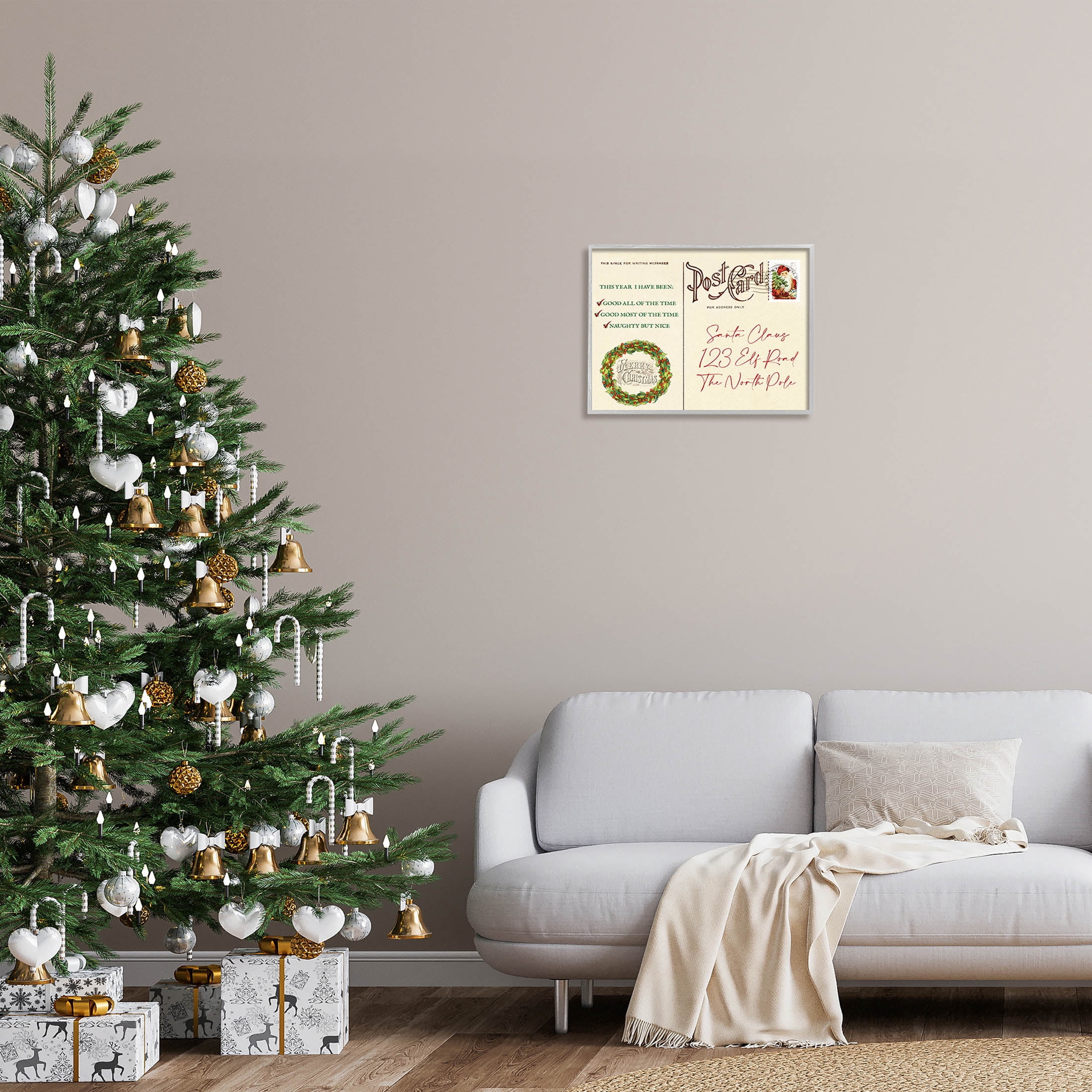 Stupell Industries Merry Christmas Vintage Postcard Graphic Art Gray Framed Art Print Wall Art, Design by Lil' Rue