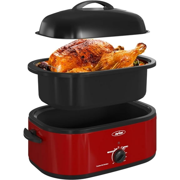 Superjoe 18 Quart Electric Roaster Oven with Self-Basting Lid, Turkey Roaster Oven Buffet with Removable Pan, Cool-Touch Handles, Red