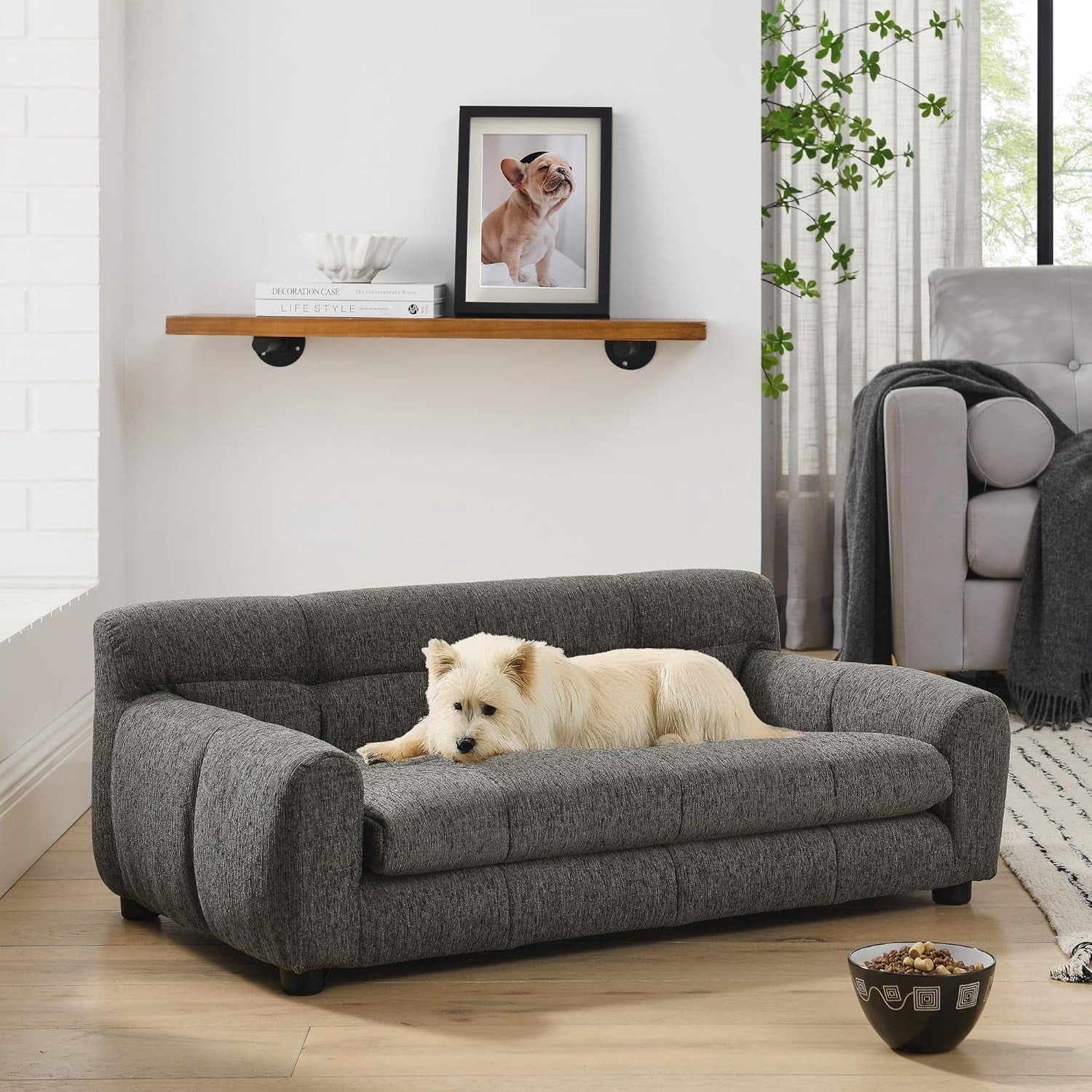 38" Dog Sofa Bed, Elevated Dog Bed with Backrest and Armrests, Soft Memory Foam Couches for Small and Medium-Sized Pets, Durable Linen Pet Couch Furniture, Dark Gray