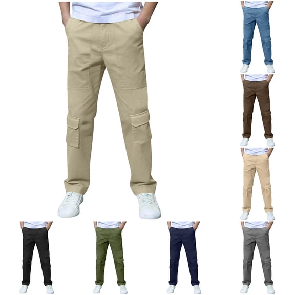 ZXLBBD Boys Straight Leg Cargo Pants Elastic Waist Slim Fit Comfortable Solid Color Dress Pants for Kids School Versatile Casual Daily Wear,Khaki,Size 7 Y-8 Y