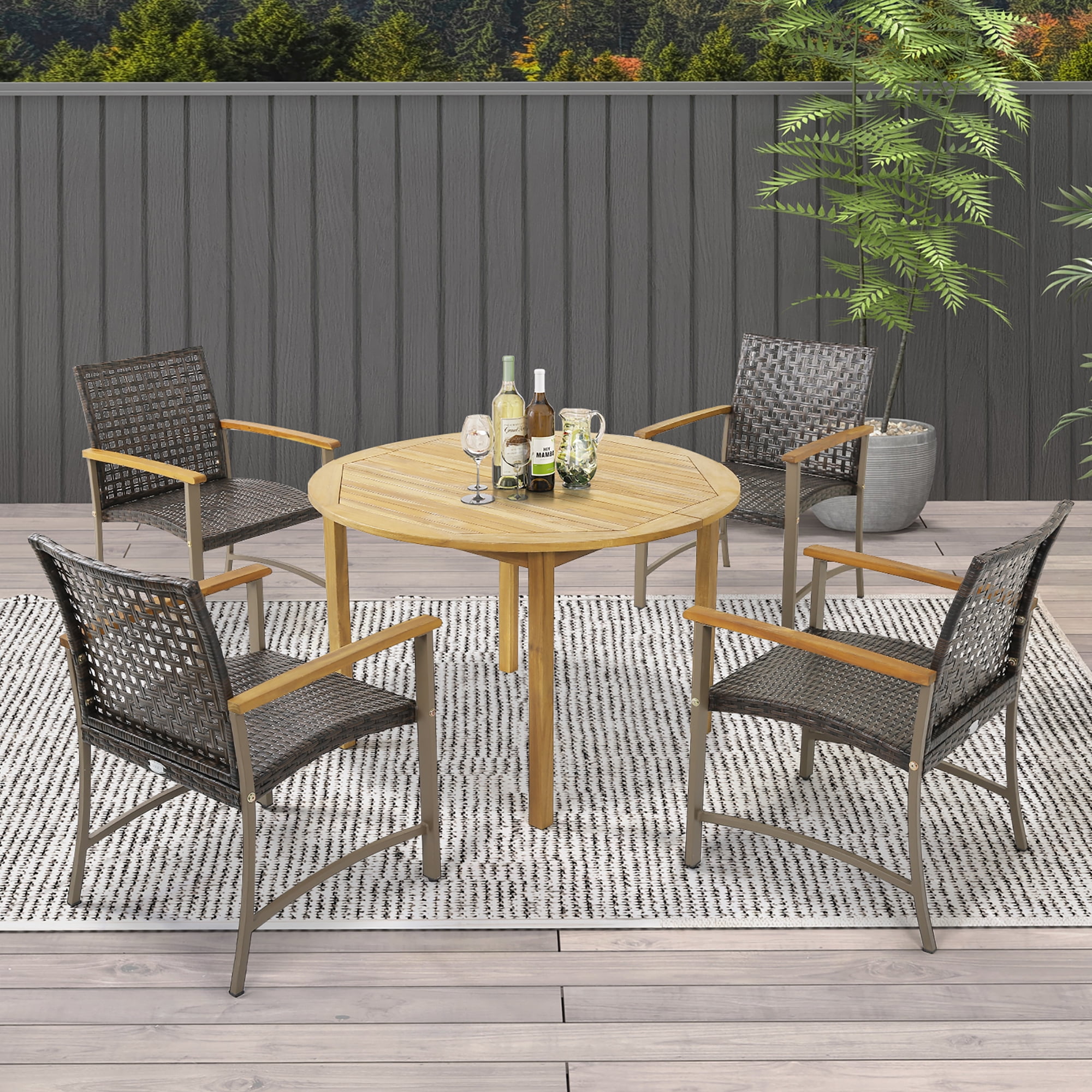 Gymax Outdoor Rattan Chair Set of 4 Patio PE Wicker Dining Chairs w/ Acacia Wood Armrests Balcony Poolside