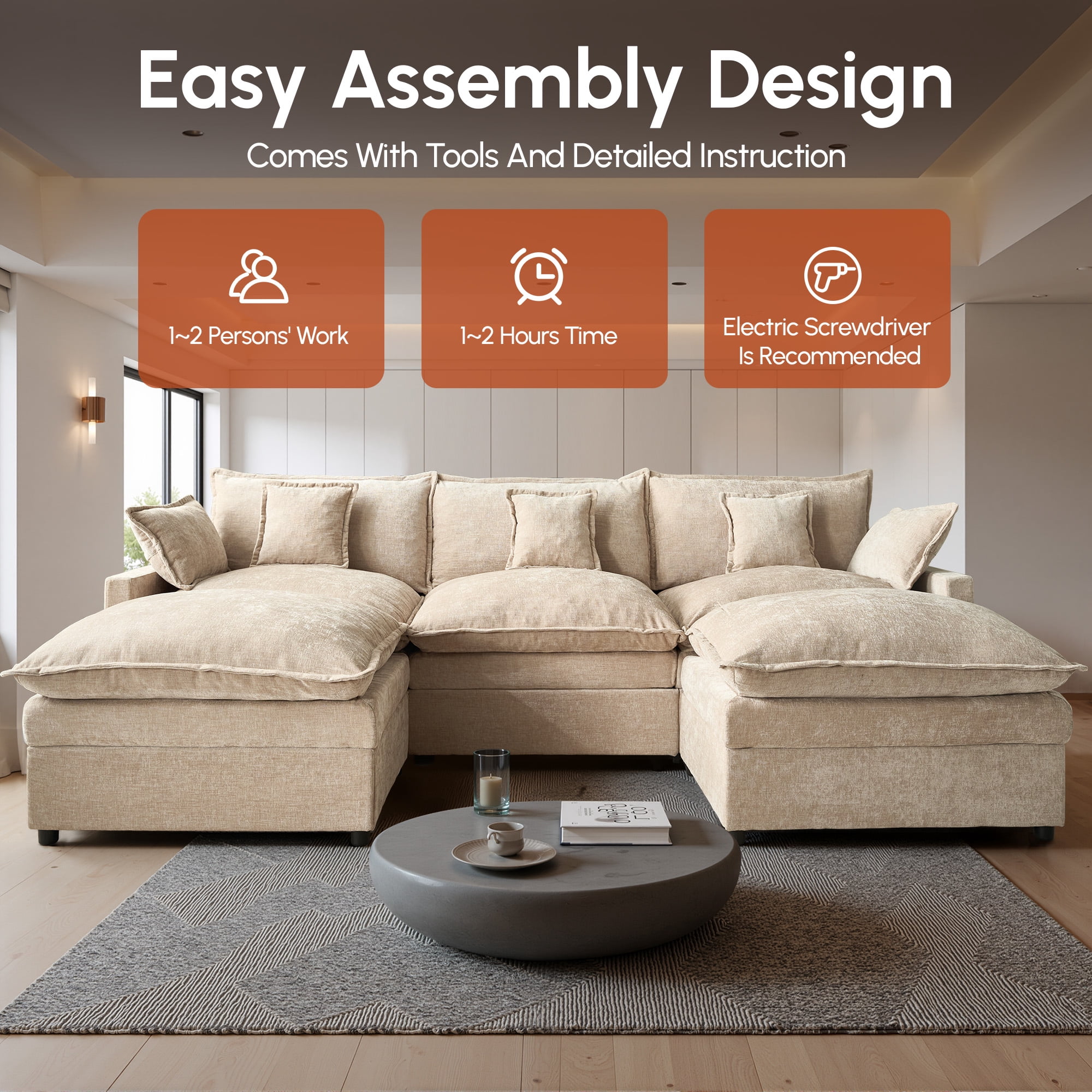 Ovios 108" Modular Sectional Sofa U-Shaped Cloud Couch with 2 Ottomans, Comfy Living Room Furniture, Chenille, Camel
