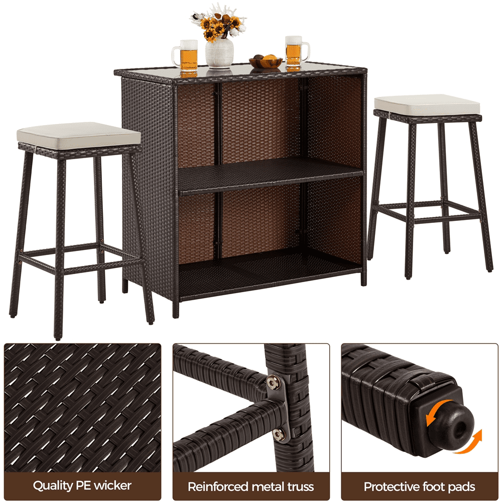 Renwick 3-Piece Outdoor Rattan Wicker Patio Furniture Set, Brown/Khaki