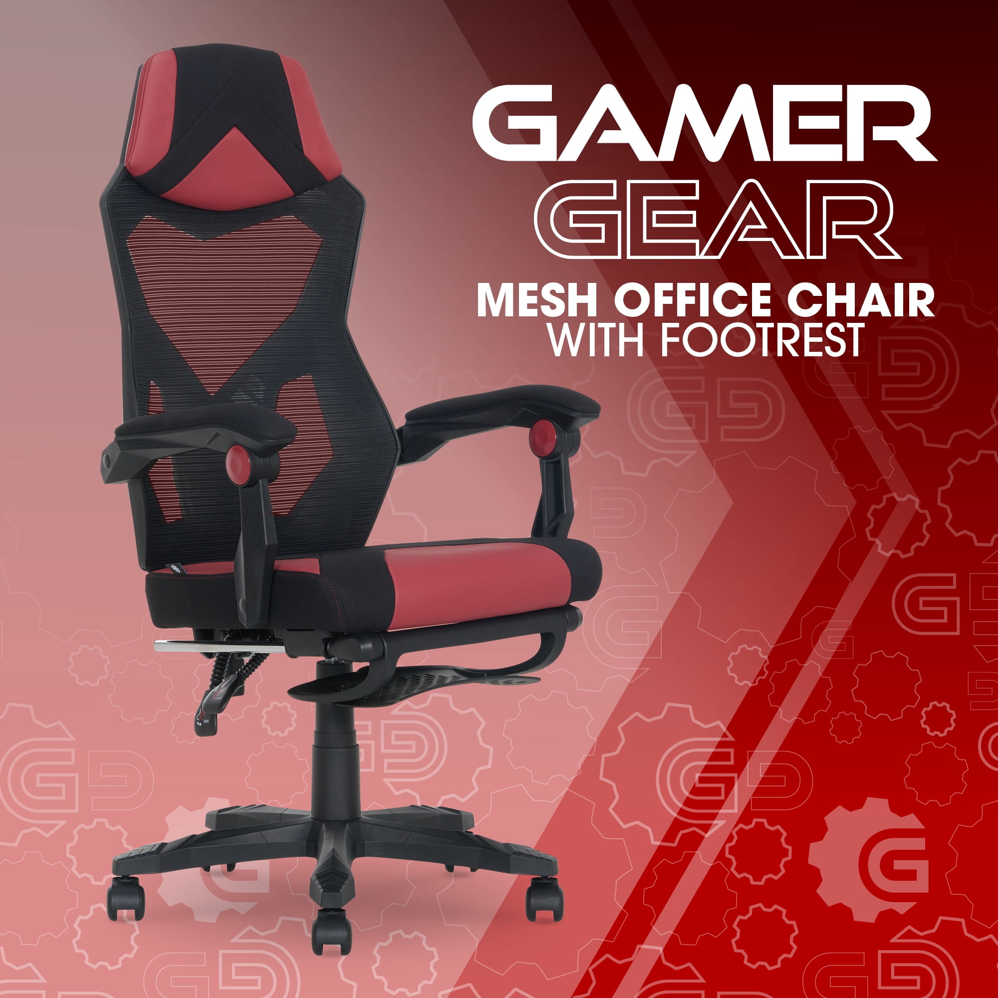 Gamer Gear Gaming Office Chair with Extendable Leg Rest, Red/Black Fabric Upholstery