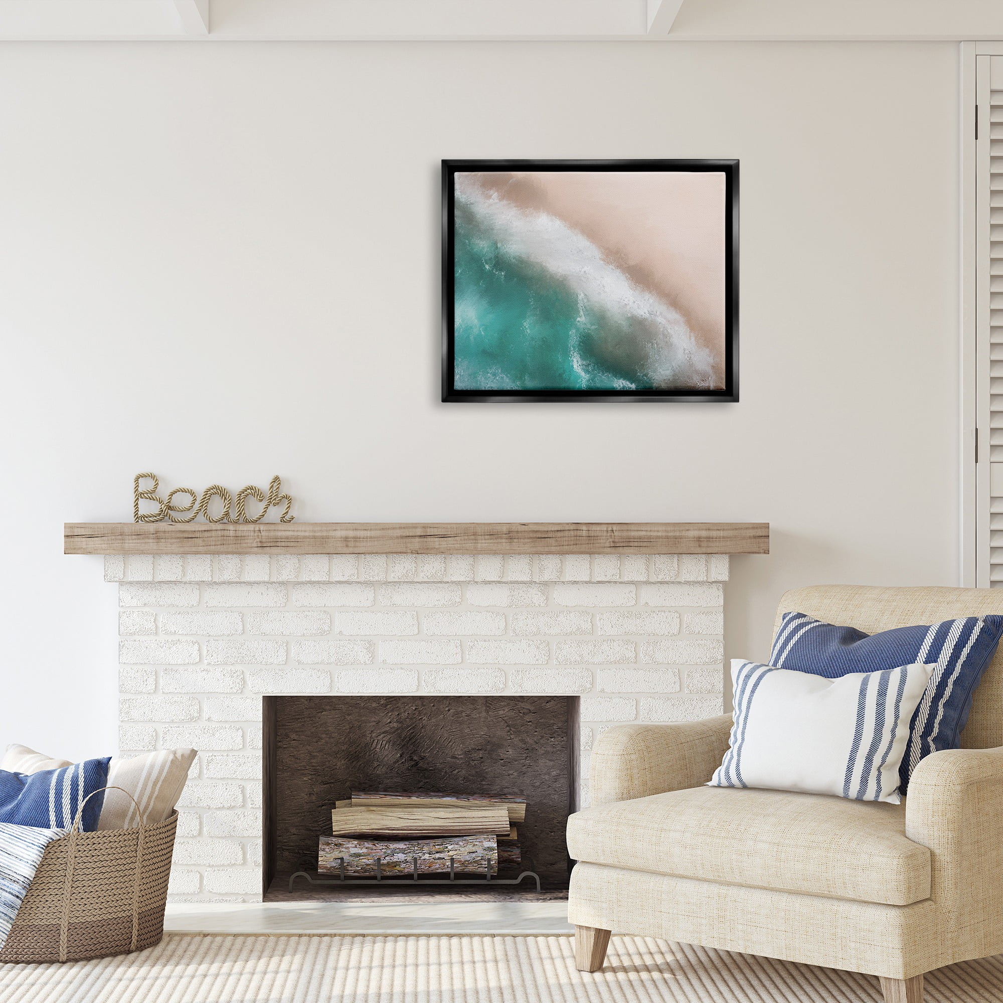 Stupell Industries Aerial Beach Foam View Landscape Painting Black Floater Framed Canvas Art Print Wall Art, 31 x 25