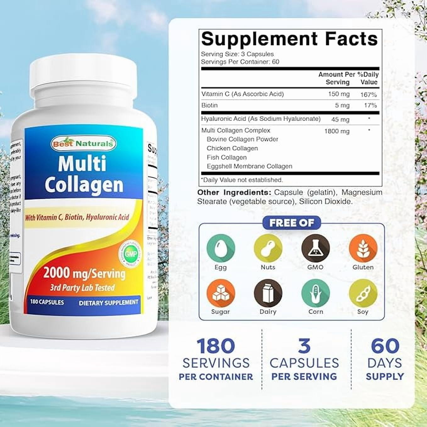 (3 pack) Best Naturals Multi Collagen Pills 2000mg for Women & Men - Hydrolyzed Collagen Peptides Capsules for Hair Skin and Nails with Types I II III V X, Biotin, Hyaluronic Acid & Vitamin C