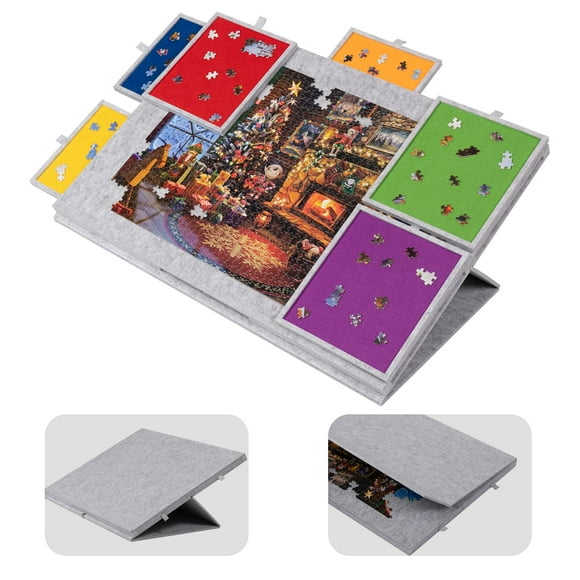 Lavievert Planche de Casse-Tête Inclinable de 1500 Pcs avec Support et Housse 2-en-1, Plateau de Tapis en Feutre Léger avec 6 Tiroirs Colorés, Casse-Tête Portable en Pu