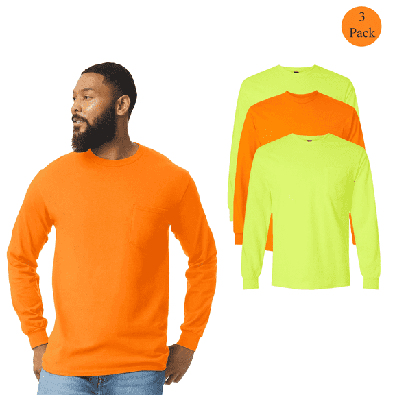 Gildan Men's Hi-Vis Ultra Cotton Long Sleeve T-Shirt, Safety Green and Orange Pocket Tee, 3-Pack, S