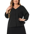 thumbnail image 1 of Blusa de encaje floral de talla grande para mujer GRACE & GRANDEUR, con cuello en V, mangas 3/4 y botones, 4X negra, 1 of 1