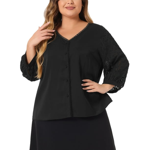 Blusa de encaje floral de talla grande GRACE & GRANDEUR para mujer con cuello en V y mangas 3/4 3X Negra