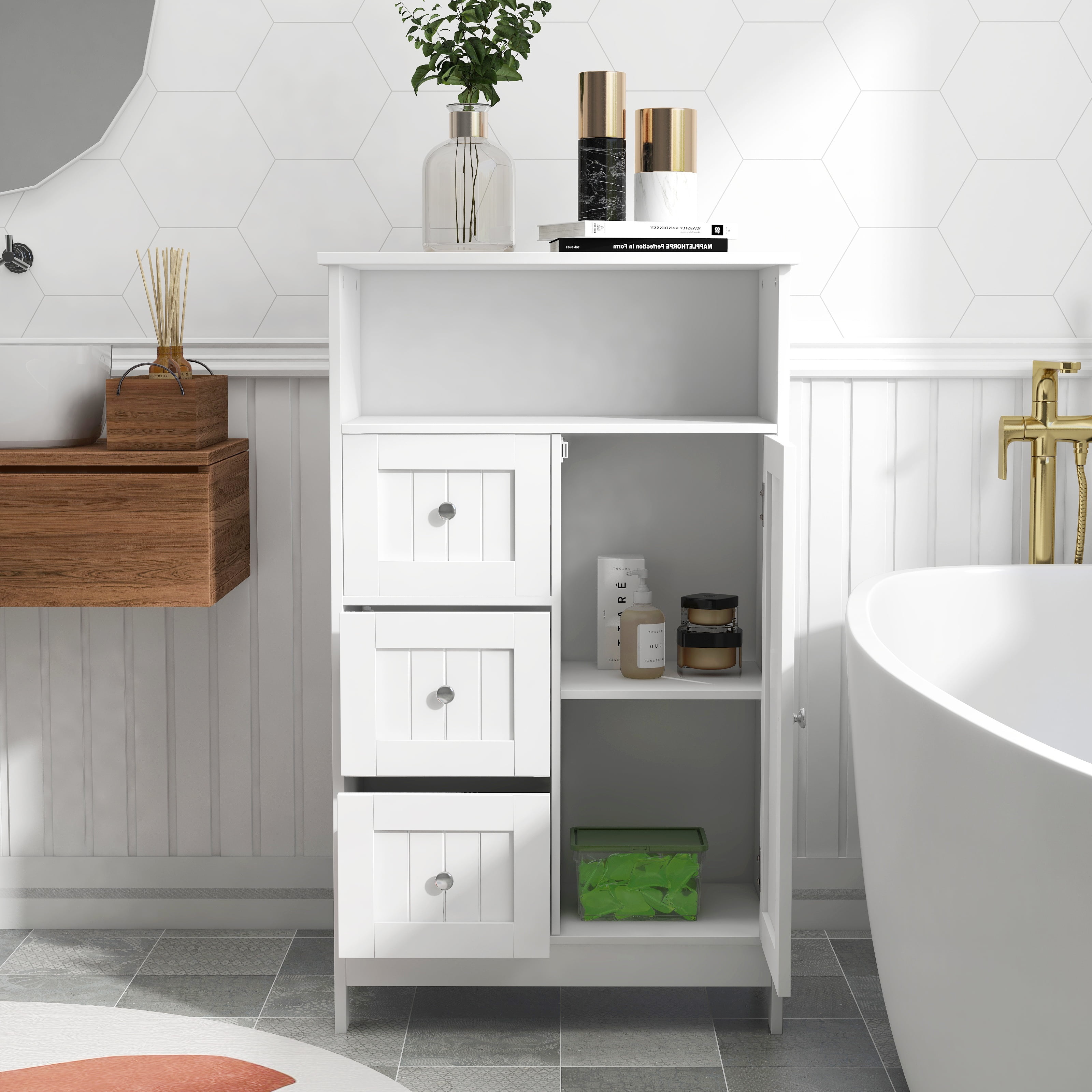 DEALTOPS Bathroom Storage Cabinet with 3 Drawers, 1 Door and 1 Open Space -White