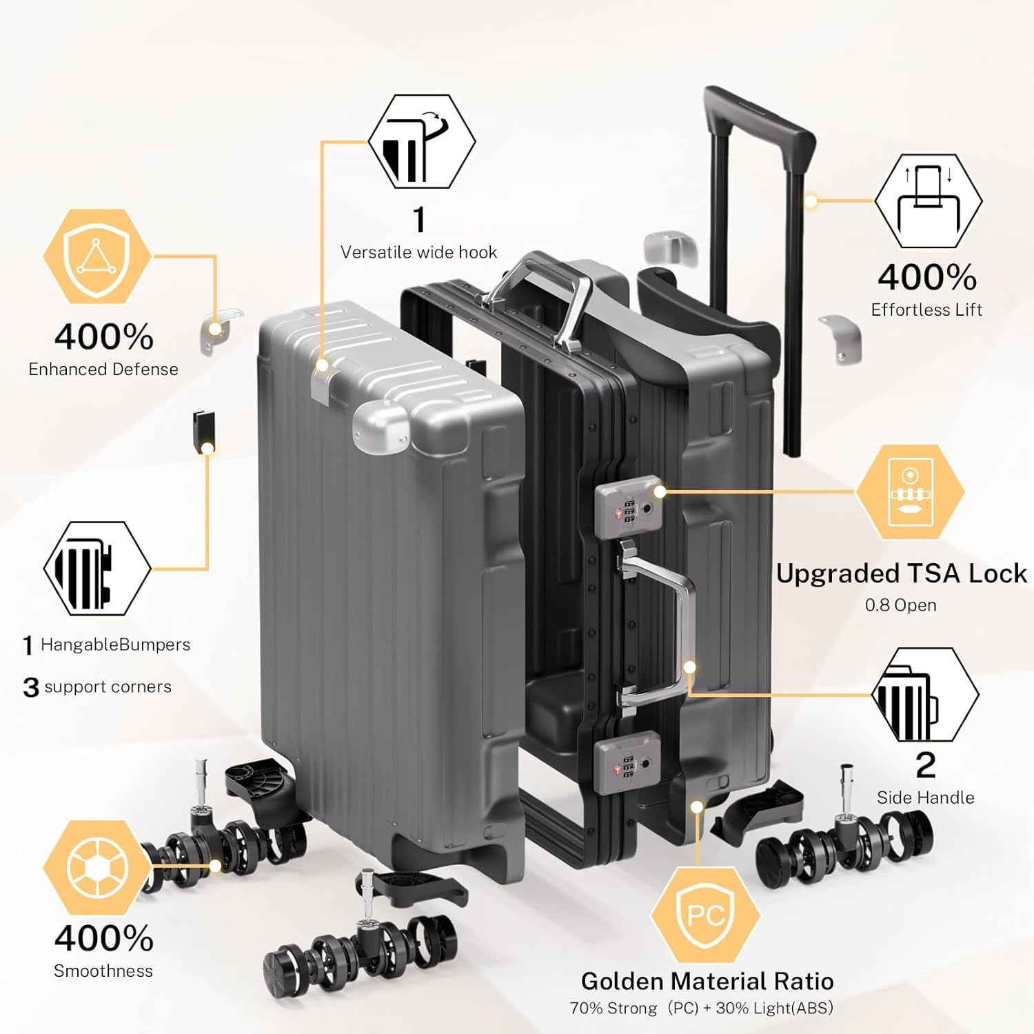 Checked Luggage Aluminum Frame Suitcase with Wheels PC ABS Hardside Zipperless with TSA Lock 24 Inch Gray