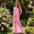 thumbnail image 4 of Jamicy Maternity Maxi Dress Long Sleeve Solid Color Mesh Split Hem Off Shoulder Pregnancy Photography Gown for Baby Shower Photoshoot Party, 4 of 7