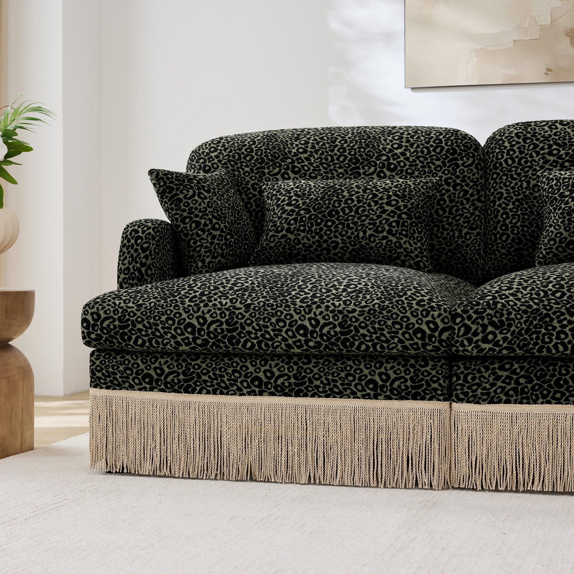 Noble House Carola Leopard Print Chenille 4-Seater Sofa, Modular Sectional Couch with 2 Ottomans and Tassel Trim, Green