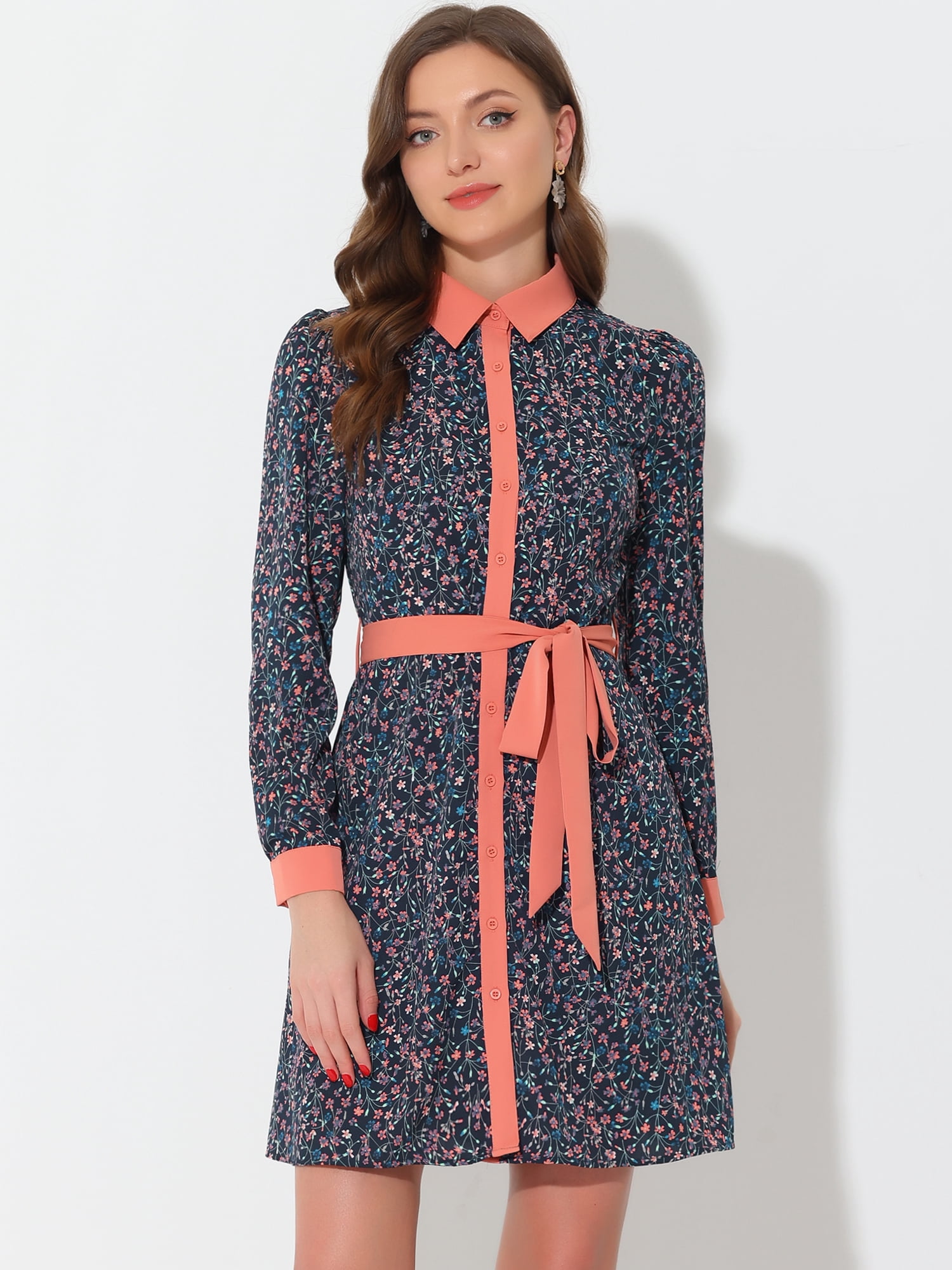 Unique Bargains Women's Contrast Collar Button Front Vintage Floral Shirt Dresses S Dark Blue
