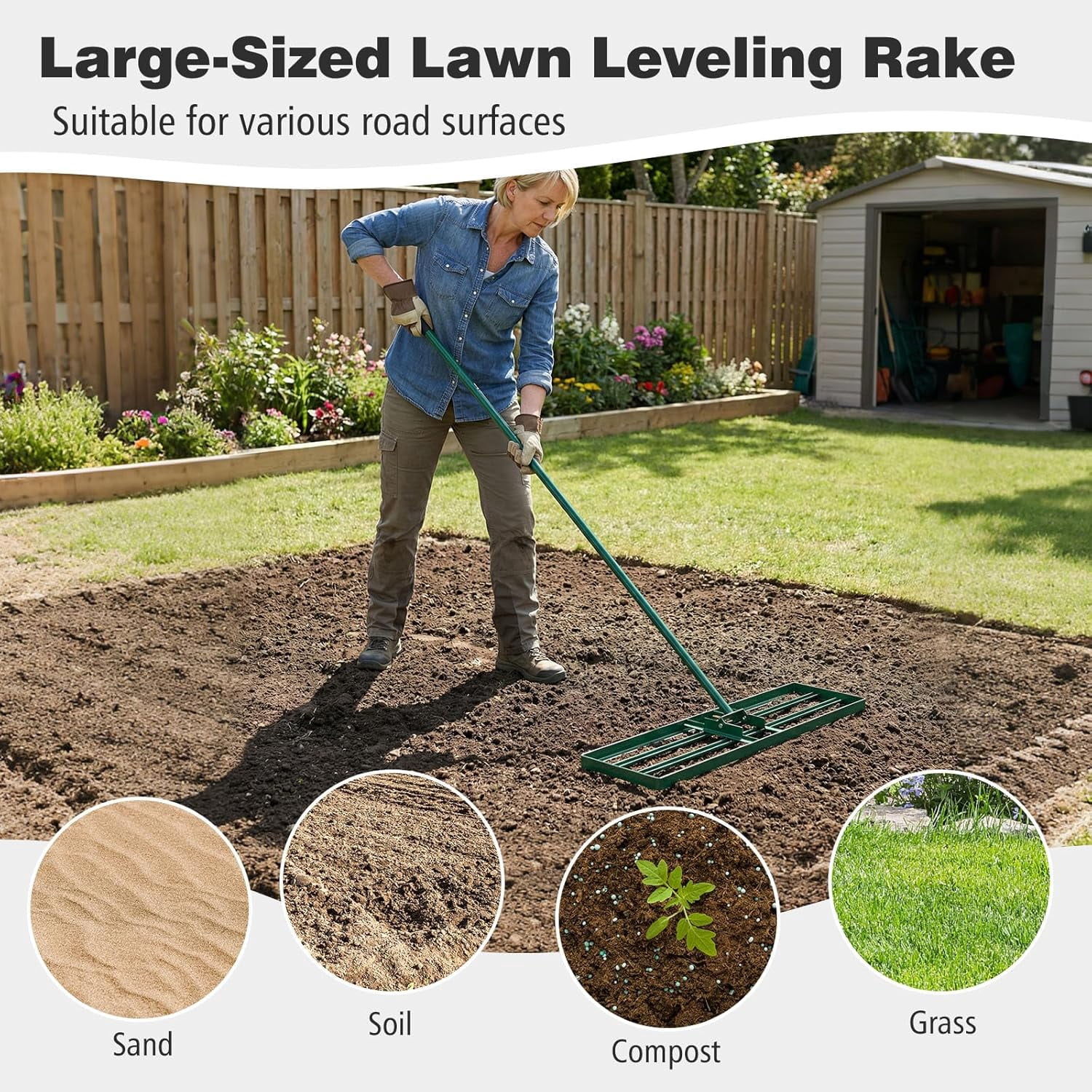 Lawn Leveling Rake, Heavy-Duty Iron Yard Leveler with 36"x9.8" Blade, 75" Adjustable Handle, Effort-Saving Lawn Tool for Backyard, Garden, Golf Course, Soil Smoothing, Topsoil & Fertilizer