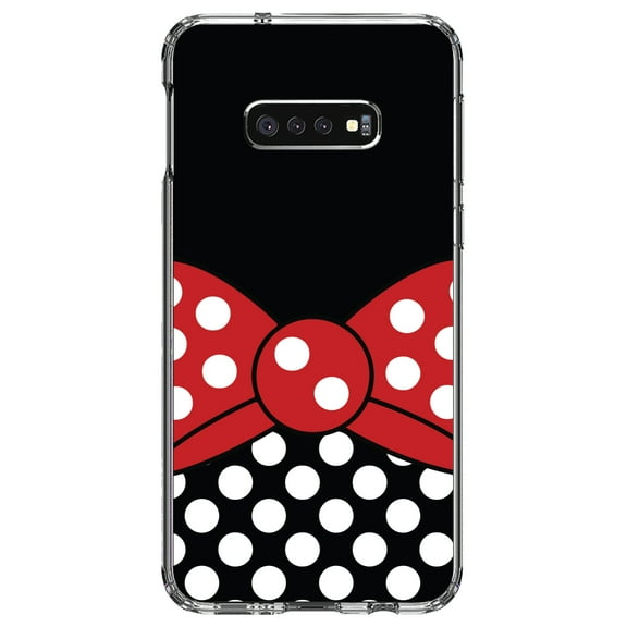 DistinctInk Clear Shockproof Hybrid Case for Samsung Galaxy S10e (5.8" Screen) - TPU Bumper, Acrylic Back, Tempered Glass Screen Protector - Black White Polka Dot Red Bow Minnie