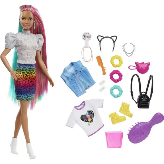 Barbie Leopard Rainbow Hair Doll (Brunette) with Color-change Hair Feature, 16 Accessories, Ages 3 to 7