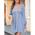 thumbnail image 4 of Vestido Corto Informal de Mujer con Cuello Redondo Fruncido, Botones, Larga y Cintura Entallada Azul M, 4 of 9