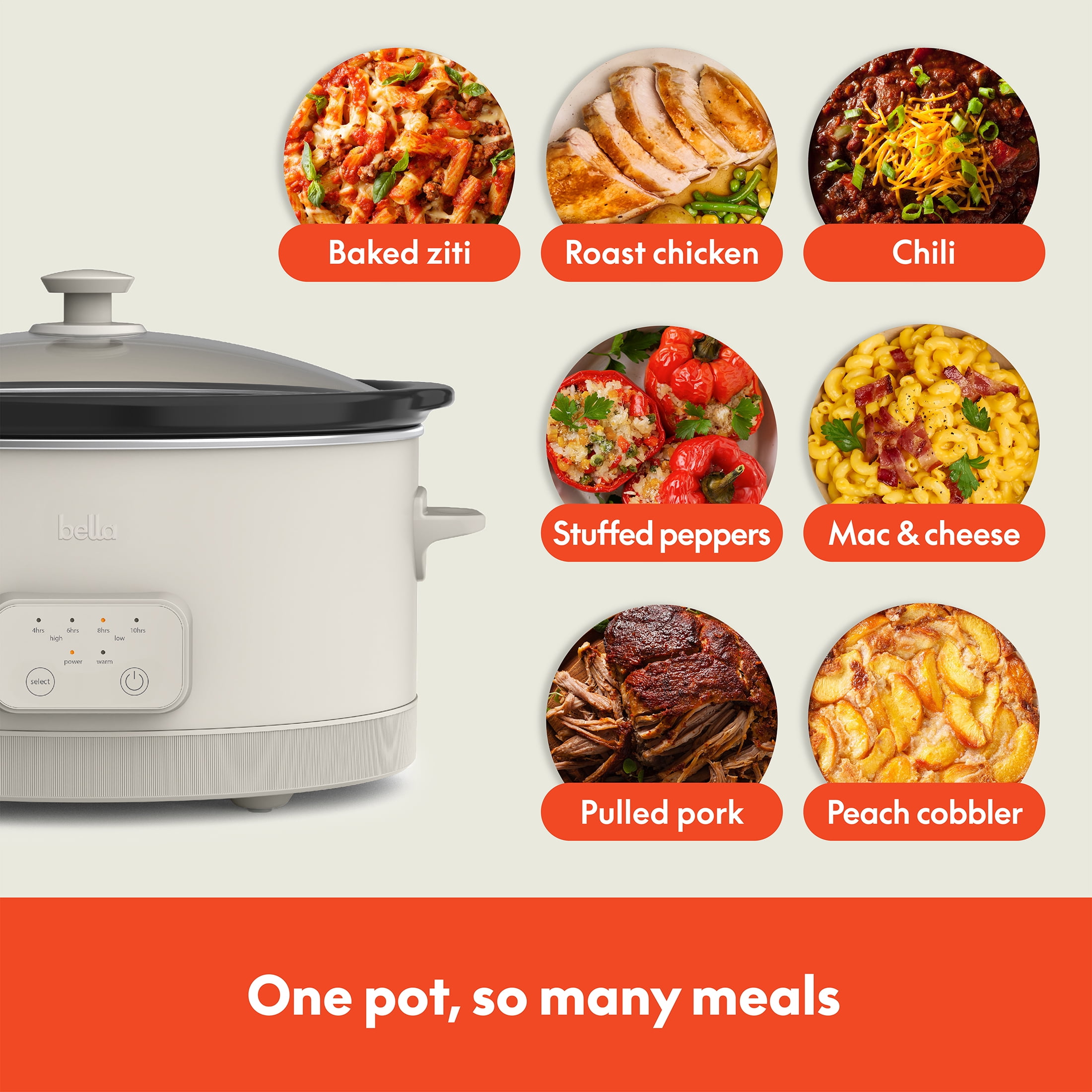 bella 6 Qt Digital Programmable Slow Cooker with Ceramic Nonstick Coating, Adjustable Temperature & Cooking Time, Dishwasher Safe Pot & Tempered Glass Lid, Oatmilk