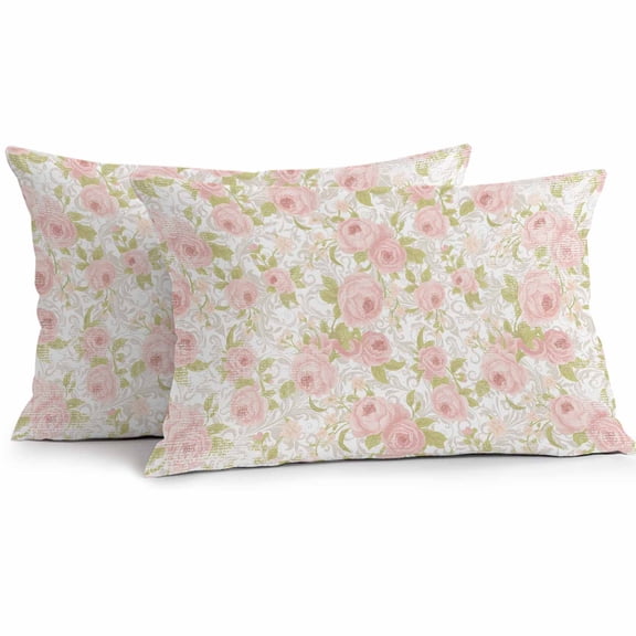 Lumbar Pillow Covers 20x12 Inch Set of 2, Pink Flowers Waterproof Outdoor Pillow Covers, Country Botanical Floral Leaves Romantic Decorative Cushion Pillowcases for Couch, Sofa, Bed, Garden, Patio