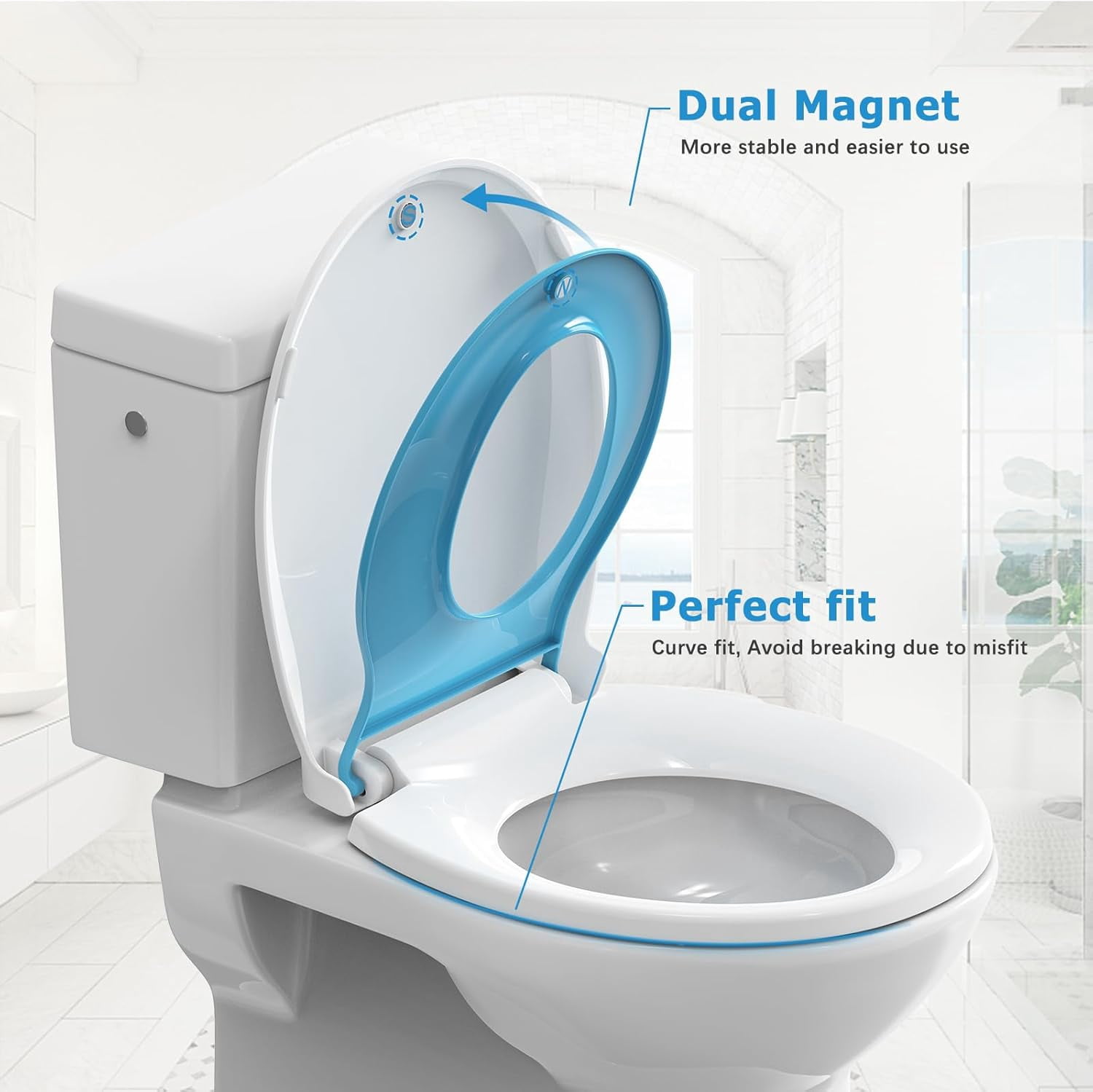 Round Toilet Seat with Built-In Potty Training Seat for Adult and Child Use, Soft Quiet-Close Lid with Non-Slip Design, Magnetic Kids Seat in Blue, Easy to Install and Clean 17''