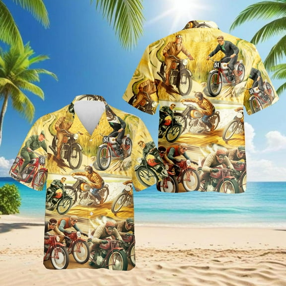 Motorcycles Hawaiian Shirt for Men, Vintage Style, Button Down Summer Beach Short Sleeve, S-5XL