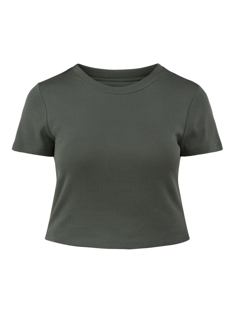 No Boundaries Women's Cropped Ribbed Scoop Neck T-Shirt, Cotton