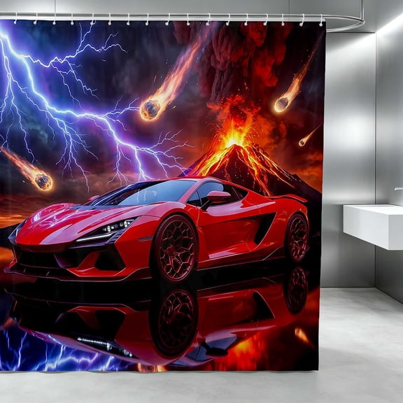 Erosebridal Sports Car Shower Curtain 72Wx72L, Volcano Bathroom Curtain, Red Volcano
