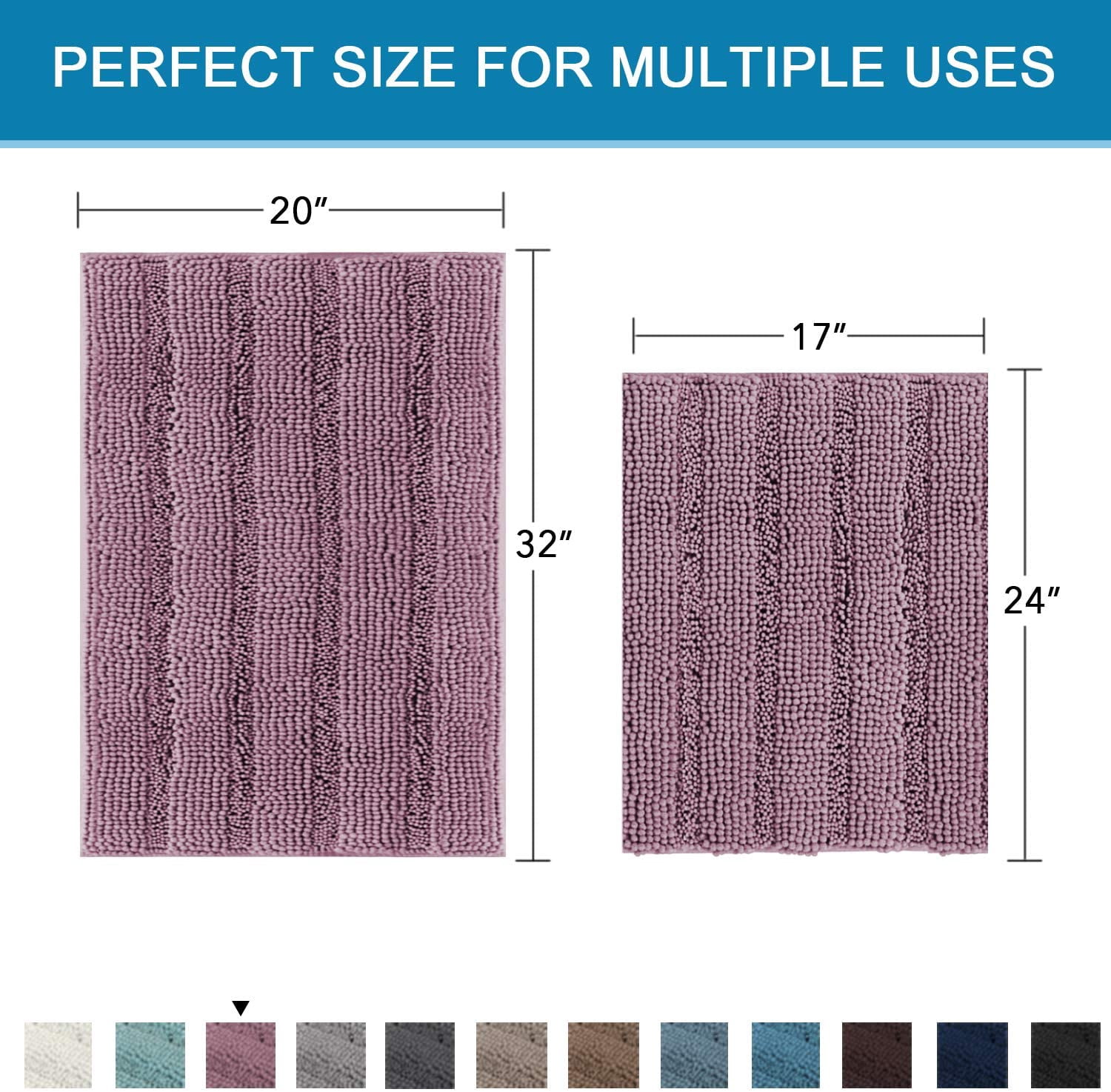2 Piece Bathroom Set Mauve/Rose Bathroom Rugs Ultra Thick and Soft Texture Chenille Plush Striped Floor Mats Hand Tufted Bath Rug with Non-Slip Backing(20" x 32"/17" x 24")