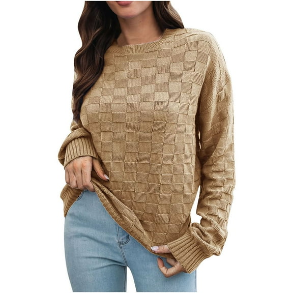 Womens Fall Fashion 2022! QLEICOM Sweaters for Women, Women's Three-dimensional Plaid Sweater Women's Loose Autumn And Winter Long-sleeved Sweater On Clearance