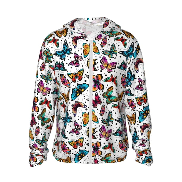 Balery Colorful Flying Butterflies Sudadera ligera de manga larga con capucha y protección solar UPF 50+ para hombre y mujer, ideal para pesca y running-Medium