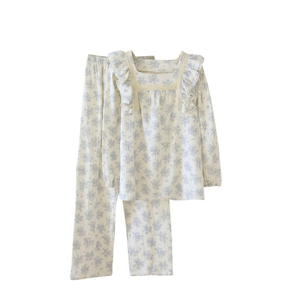 Tnhcen Women's Casual Print Pullover Pajamas Set V Neck Long Sleeve Pants Nightwear Home Clothes Sets M-XL