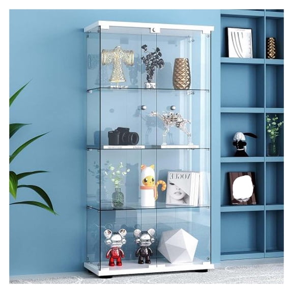 Glass Display Shelf 4 Tier Showcase Display Cabinet - Tall Cabinet with LED Lights, Tempered Glass Door Collectible Case for Living Room Bedroom Office