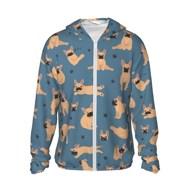 Fotbe French Bulldog Yoga Chaqueta con Protección Solar UPF 50+ para Hombre y Mujer, Camisa con Capucha y Bolsillos-Large
