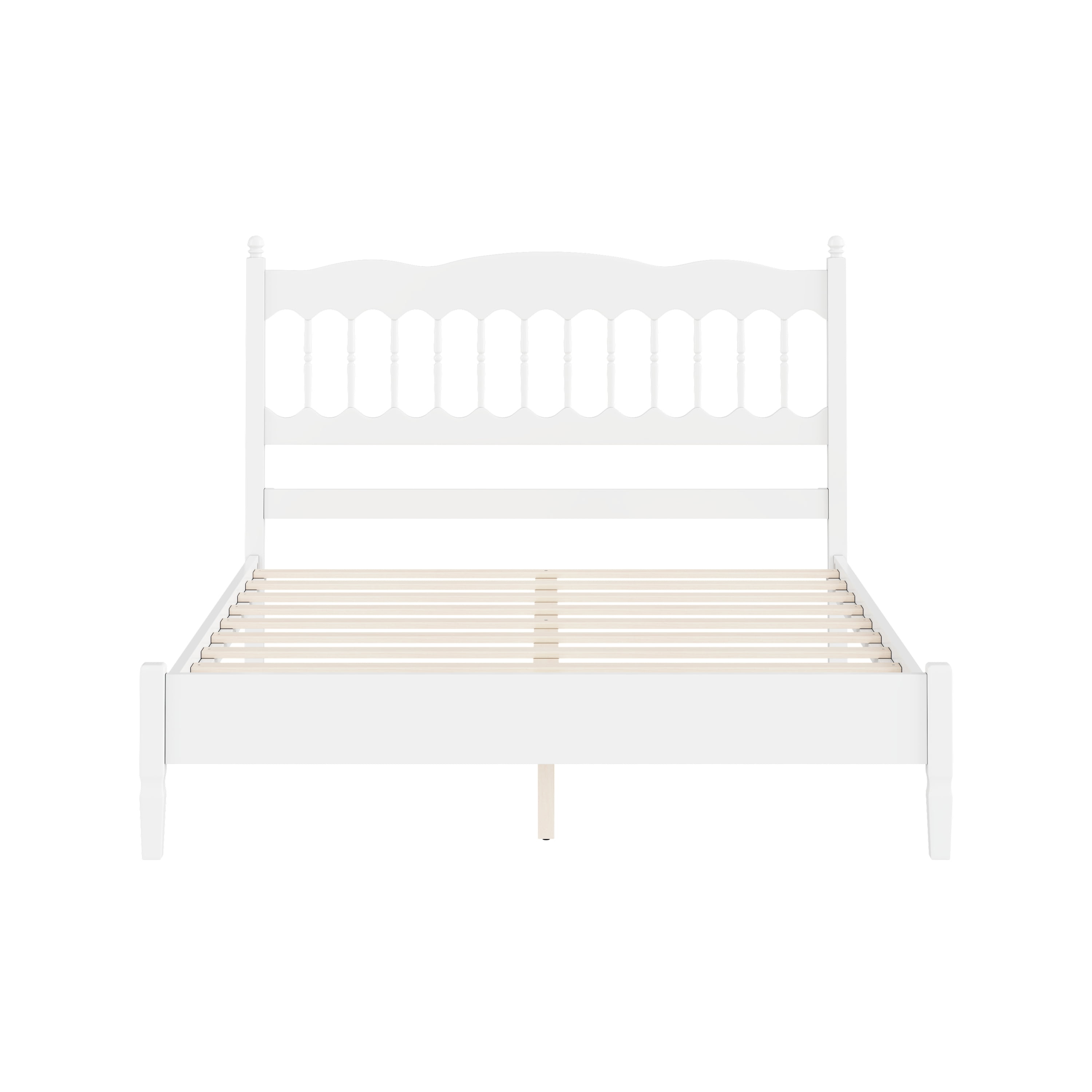 Mintazer Farmhouse Queen Platform Bed with Spindle Headboard, Vintage Arched Slat Platform Bed Frame for Bedroom, No Box Spring Required, White
