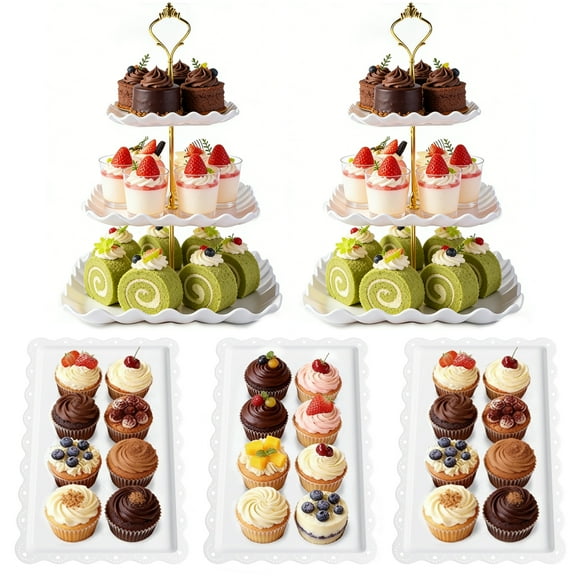 TINANA 5 Pack Dessert Table Display Set, 3-Tier Cupcake Stands & 3 Rectangular Serving Trays, White Plastic Cupcake Tower for Birthday, Baby Shower & Wedding