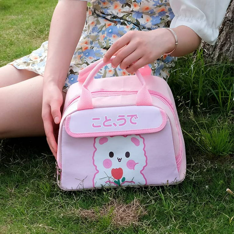 DanceeMangoo Kawaii Lunch Tote Bag Cute Embroidery Bear Insulated Lunch Bag  Aesthetic Lunch Box Preppy Lunch Bags for Women (Pink)