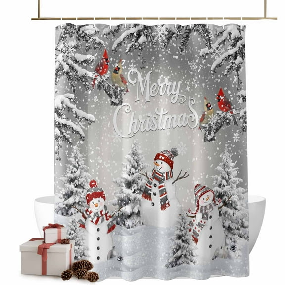 Merry Christmas Bathroom Shower Curtain Red Hat Snowman Pine Tree Leaf Grey Snow Scene Waterproof Washable Shower Curtains for Bathtub Bath Decor with Grommets and Hook 72 X 84 Inch