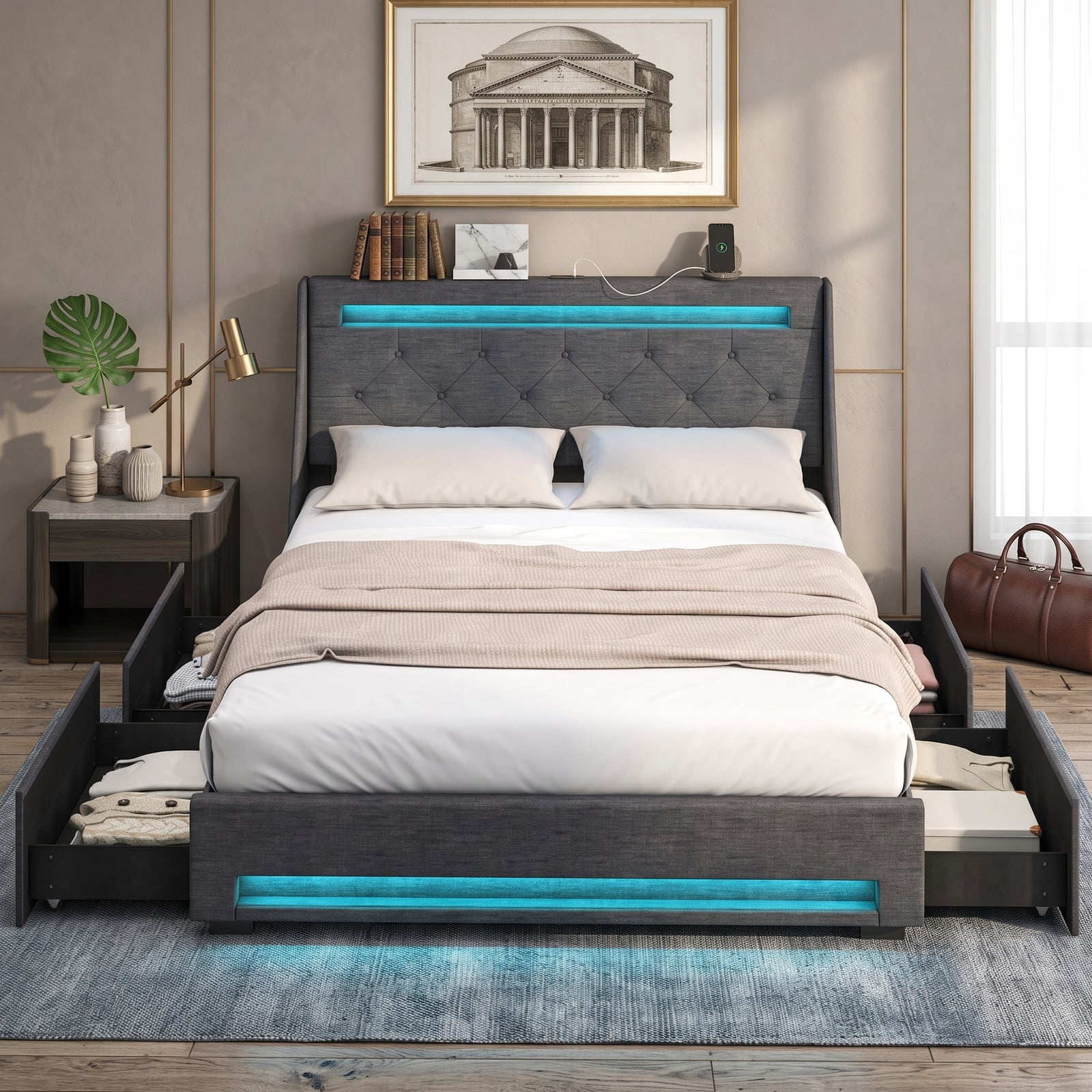 Furnibear Full Size Bed Frame Upholstered Platform Bed with LED Lights, Wingback Headboard and 4 Storage Drawers, USB Charging, Gray