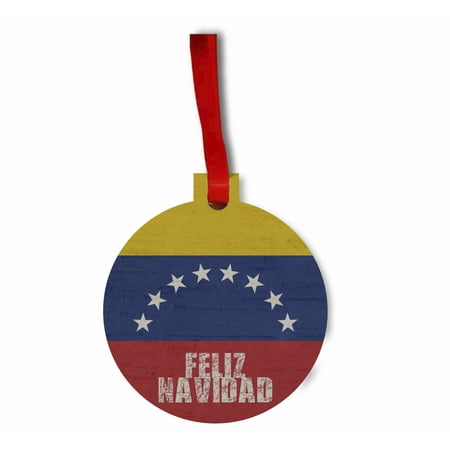 Navidad Christmas Ornament Venezuela Flag - Feliz Navidad Hanging Hardboard Round Shaped Tree Ornament - (Flat) - Holiday - Christmas - Tm - Made in the USA ()