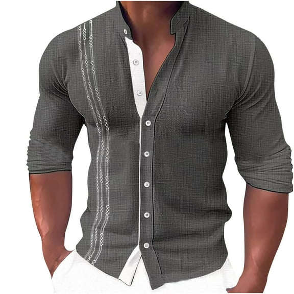 WREESH Mens Hawaiian Beach Shirt Dress Shirts Workout Shirt Slim Fit Suit Shirt Solid Color Long Sleeve Pullover Causal Button Up Undershirt Gray